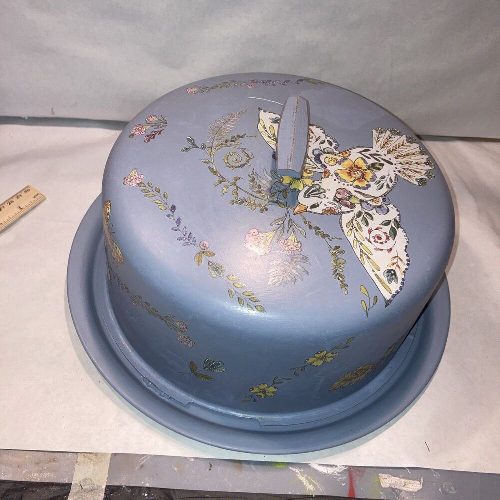 Vintage Decorated Blue Tin Cake Cover & Tray In Blue With Bird And Floral Transf